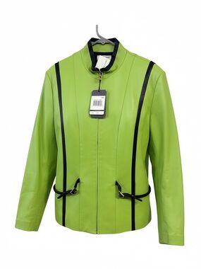 NWT St. John Sport Marie Gray Lime Green Leather Jacket w Navy Trim Sz L